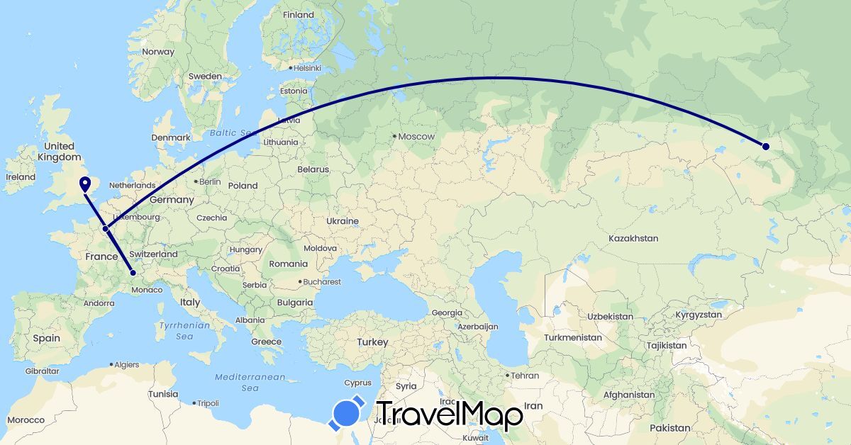 TravelMap itinerary: driving in France, United Kingdom, Russia (Europe)